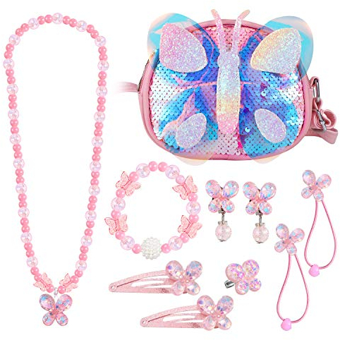 Hifot Mädchen Handtaschen Pailletten Schmetterling kinderschmuck, Kette Halskette Armband Ohrringe Ring Haargummis Haarspangen schmuckset, Umhängetaschen Kleid Gastgeschenke Geschenk
