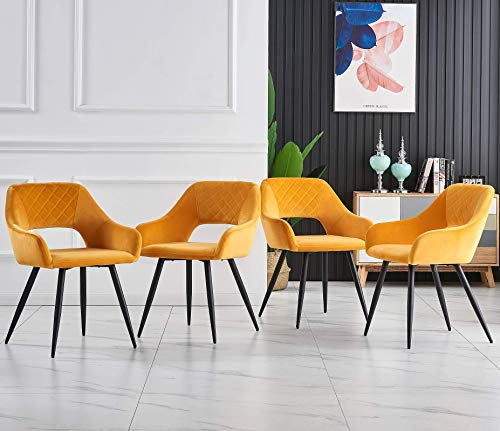 JYMTOM 4er-Set Samt-Esszimmerstuhl mit, gepolsterte Sitzfläche mit offener Rückenlehne, modernes Design, Esszimmersesel mit Metallbeinen, für Esszimmer, Wohnzimmer und Küche (4, gelb)