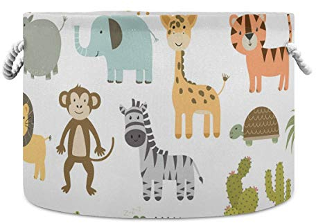 AJINGA Faltbarer runder Aufbewahrungskorb aus Stoff, Spielzeugkiste, Organizer, niedliche Safari-Tiere, Giraffe, Löwe, Nilpferd, Krokodil, Wäschekorb mit Kordelzug für Kinder