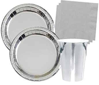 Isola Party Kit Festa di Compleanno Tinta Unita Color Argento per 16 Persone Eco-Friendly (16 Piatti ⌀ 23 cm, 16 Bicchieri 266 ml, 20 Tovaglioli 33x33 cm)