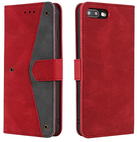 nancencen Handyhülle Kompatibel mit iPhone 7 Plus/iPhone 8 Plus Hülle, Klappbar Extra Dünne Lederhülle, Kratzfest (rutschfest) mit Kartenfach Ständer Wallet Case Spleißen Schutzhülle,Rot