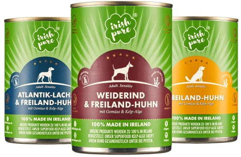 Irish Pure Premium Nassfutter für Hunde | Gemischt 3X 390g | Atlantik-Lachs, Weiderind, Huhn | Vitamine | Getreidefrei | Sensitiv | mit Superfood Kelp-Alge | Nassfutter für alle Rassen