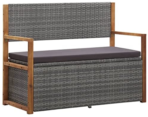 Hommdiy Akazienholz Massiv Bank mit Stauraum Sitzbank Gartenbank Gartentruhe Truhenbank Kissentruhe Kissenbox Auflagenbox 110cm Poly Rattan Schwarz/Grau (Grau)