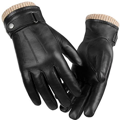 Echte Schaffell Leder Handschuhe für Männer, Winter Warme Touchscreen Texting Kaschmir gefütterte Fahr Motorrad Business Handschuhe,Schwarz,L
