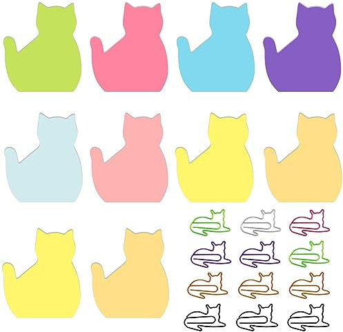 10 Stück Katzen Haftnotizen mit Büroklammern, niedliche Katze selbstklebende Notizen Katzen Registerkarten selbstklebende Notizblöcke
