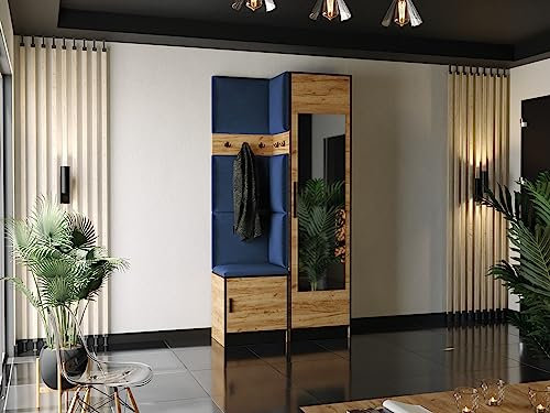 KIER FURNITURE Garderobe mit Sitzfläche Roj11 - Gepolstertes Paneel an Seite des Schrankes - Kleiderschrank aus Laminierter Spanplatte - Höhe 205 cm - 106,4x205x39 cm Eiche Craft Gold + Stoff Blau