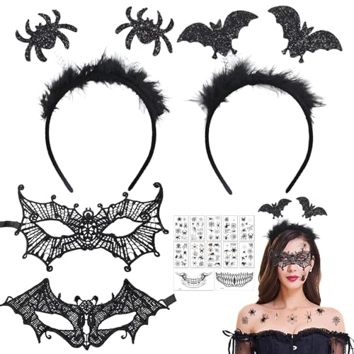 7 Stück Halloween Damen Zubehör, Halloween Fledermaus Haarreife, Schwarze Spitze Maske und Halloween Spinne Haarschmuck mit 10 Spinne Tattoo Gesichtstattoos, Karneval Halloween Kostüm Accessoire