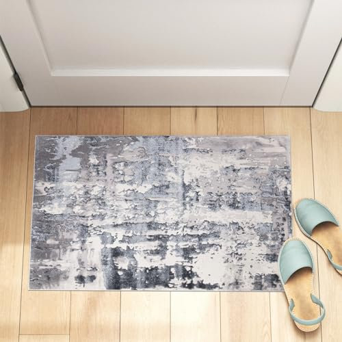 renoazul® Turkish Pattern Washable Modern Rug, 2 ft x 3 ft 7 in, 60 x 110 cm, Abstract Grey, Small Door Floor Mat for Indoor, Bedside, House Floor, and Kitchen