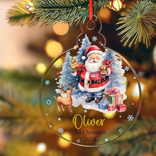Personalised Christmas Bauble Baby’s First Xmas Tree Decoration Acrylic Hanging Ornaments Gift - Made in UK (Santa Design) - 1MM