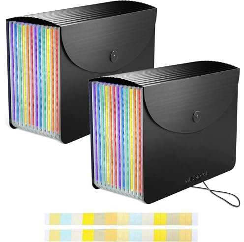Meknaail File Organiser 13 Pockets A4 Size Expanding Accordion Filing Boxes with Lid and Colour Labels Folders for Paperwork and File Storage (Pack of 2)