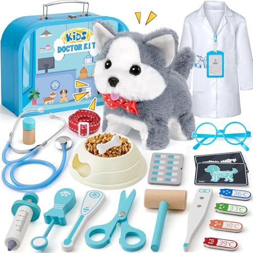 Arztkoffer Kinder Holz Elektrisch Hund Spielzeug der Läuft und Bellt Kuscheltier Elektronisches Haustier Interaktives Plüsch Hund Arzt Kostüm Spielzeug Geschenk Mädchen Junge 3 4 5 6 7 8 Jahre