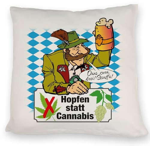 Hopfen statt Cannabis Kissen mit Spruch Oans zwoa DREI Gsuffa Oans zwoa gsuffa Origineller Bierkrug-Spruch Bayern-Flair geistreiches Geschenk