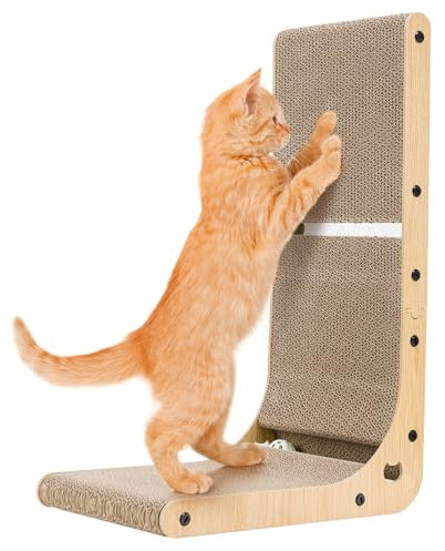 Dimaka Griffoir vertical en forme de L pour chat, 60 cm de haut, en carton à gratter avec balle d'herbe à chat et balle jouet pour chats et chatons d'intérieur