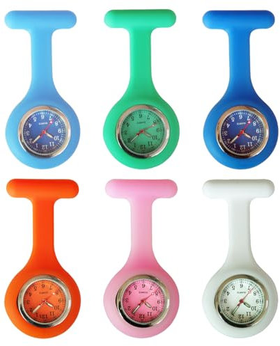 WIYETY 6 Stück Krankenschwester Uhren: Schwesternuhren mit Clip & Dehnbare Silikon Hülle & Glow Pointer, Ansteckuhr für Krankenschwestern und Ärzte, Quarzwerk, Analog-Digital