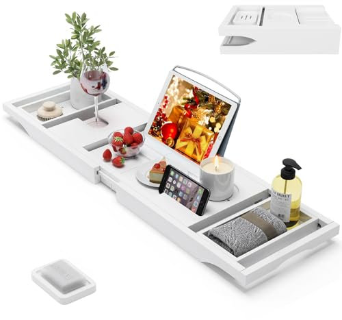 Foldable Bamboo Bathtub Caddy Tray Expandable for Luxury Bath, Bath Accessories & Table with Wine Glass Holder, Book Stand Bathroom Organizer with Extending Sides for Men/Women,White