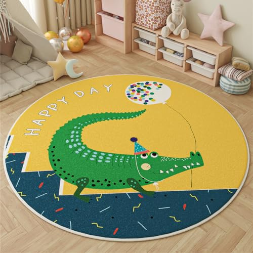 Viusneun Teppich Rund, Waschbar Kurzflor Cartoon Tier Muster, Moderner Super weich klein Teppiche Matte Kinderteppich Kinderzimmerteppich (Krokodil,120 * 120cm)