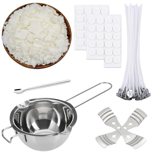 Scentoria Kerzen Selber Machen Set, Kerzenherstellung Kit, 600 ml Wachsschmelztopf mit 350g Sojawachs, 50 Kerzendochte, Docht Halter, Docht Aufkleber, Löffel, Candle Making Kit für Erwachsene(A)
