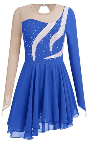 AFAVOM Eiskunstlaufkleid für Damen und Mädchen, langärmelig, Netzstoff, Pailletten, Strass, Eislaufkleid, Ballett, Wettkampf, Tanzkleidung, Königsblau, Klein