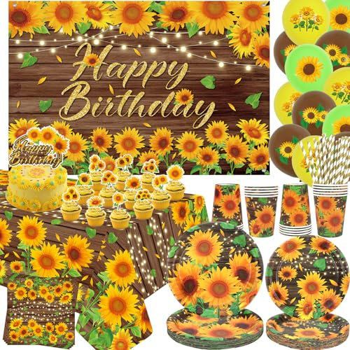 Décoration de fête d'anniversaire tournesol - Vaisselle, assiettes, tasses, serviettes, nappe, toile de fond « Happy Birthday » - Décorations de gâteau pour fleurs sauvages