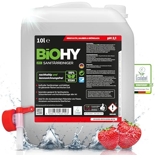 BiOHY Sanitärreiniger Plus (10 Liter Kanister) + Auslaufhahn | Kalkentferner Konzentrat für Fliesen, Dusche & WC | EXTRA STARKER Badreiniger gegen Urin, Seifenreste & Schmutz | umweltfreundlich