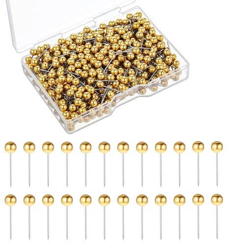 Prasacco 500 Stück Rundkopf Stecknadeln, 15 mm Map Pins Goldkopf Anstecknadeln Pinnwand Pins mit Aufbewahrungsbox Edelstahl Stecknadeln mit Kunststoffkopf für Weltkarte, Stoffmarkierung und Pinnwand