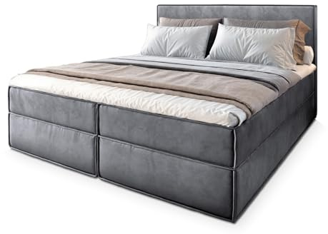Masseno Boxspringbett PELLIO 140x200 cm Komplett-Set mit Matratze und Topper, Polsterbett mit Zwei Bettkästen -Grau, Monolith 85