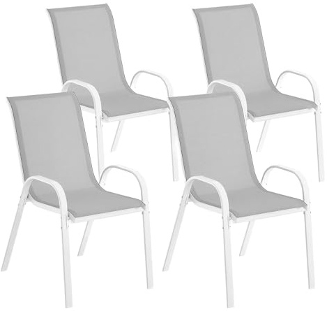 Outsunny Juego 4 Sillas Jardín Exterior Apilables 54x71x93 cm Gris y Blanco | Sillas Terraza Exterior Apilables, con Tela Transpirable, Marco de Acero, Reposabrazos y Respaldo