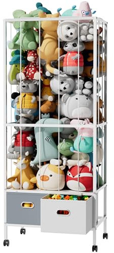 Yornoli Soft Plush Toy Storage Organiser with Drawers and Wheels, Thicken Metal Tube Stuffed Animal Storage for Teddy Bear, Cuddly Toy, Toy Shelf for Baby Nursery, Bedroom, Playroom