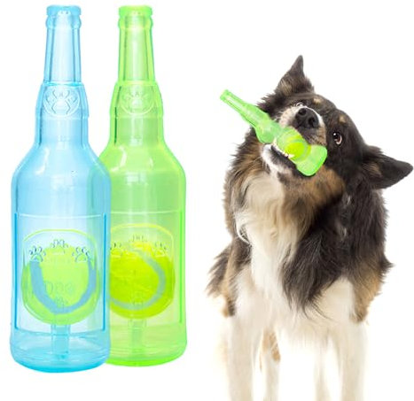 CMANLNYK 2 Pcs Squeaky Ball in A Bottle Dog Toys - Indoor and Outdoor Dog Chew Toy, Pet Product Bottle Shape Interactive for Boredom Small Medium Dogs (Green, Blue)