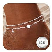 Finrezio Bracelet Cheville Femme Argent 925 Couches Imperméable à l’eau Bracelet de Cheville pour Femmes Réglable CZ Cœur Chaine Cheville Argent Bijoux Femme Plage D'Été A