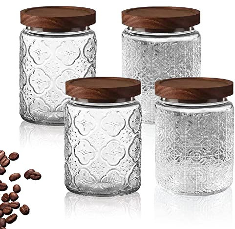 BigKing Lot de 4 bocaux en verre vintage, récipient transparent pour aliments, bocaux en verre pour stockage pour café, thé, sucre, épices, farine, haricots, fruits secs, biscuits (700 ml)