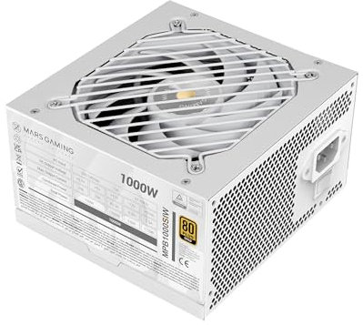 Mars Gaming MPB1000SI, Fuente Alimentación PC ATX 1000W, 7 Años de Garantía, 80Plus Gold 90%, Ventilador SI Extreme Silence con Núcleo de Cobre y Aluminio, Tecnologías AI2-RPM, DC-DC y SMD, Blanco