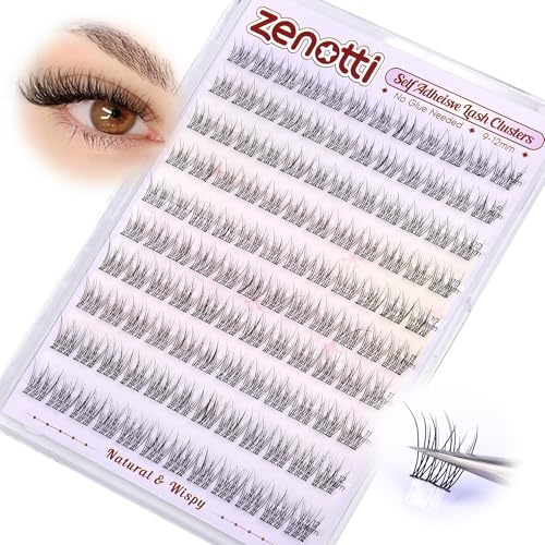 Natural Self Adhesive Lash Clusters No Glue Eyelash Clusers Self Adhesive Eyelashes Pre-glued Lashes Cluster Reusable C-Curly Wispy Individual Lashes 9-12mm Press on Lash by zenotti