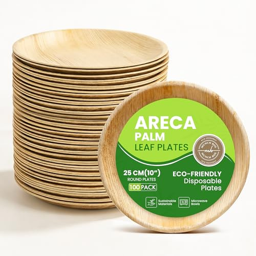 MUNCH BOX 10 Round Areca Palm Leaf Plates Elegant Eco-Friendly Disposable Plates – Biodegradable, Compostable, Microwave Safe Ideal for Hot Food, Events, and Entertaining (100 Pack, 10 Round)