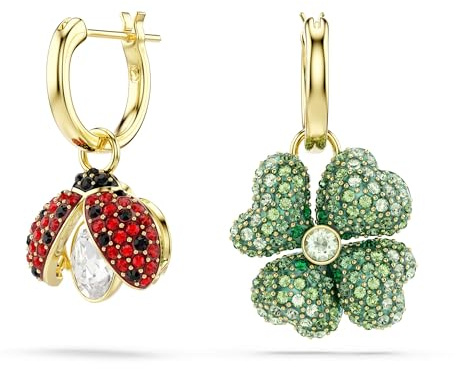Swarovski Idyllia Drop-Ohrhänger, Set (3), Marienkäfer, Glücksklee, Erdbeere, Mehrfarbig, Goldlegierungsschicht