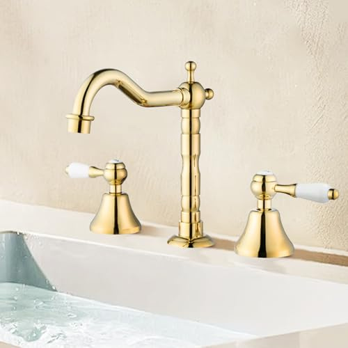 Mitigeur de Lavabo Meuble-Lavabo de Salle de Bain Style Rétro Doré avec Robinet Mitigeur Thermostatique Chaud/Froid