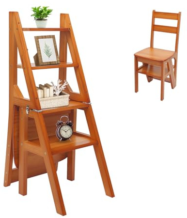 Escalera plegable con asiento | Escalera y taburete de 4 peldaños de madera de pino en uno | Capacidad de carga de 100 kg, altura ajustable para cocina, biblioteca y hogar | Estable y que ahorra