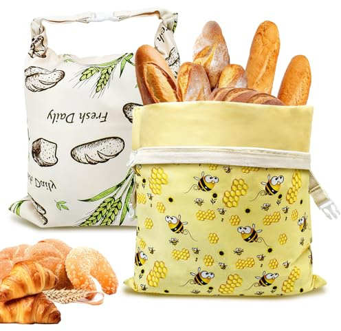 Cyiecw 2 Stück Wiederverwendbare Bienenwachs Brotbeutel 32x42cm, Baumwolle Brotsack mit Reißverschluss und Karabiner, Tragbare Brotbeutel Aufbewahrung Frischhalten für Brot und Backwaren(Bee + Bread)