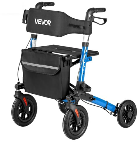 VEVOR Andador para Ancianos de 3 Pliegues, Aleación de Aluminio con Ruedas de PU, Asiento Soporta 136 kg, Silla de Transporte Plegable, Reposabrazos Ajustable para Paseos Personas Mayores y Exterior