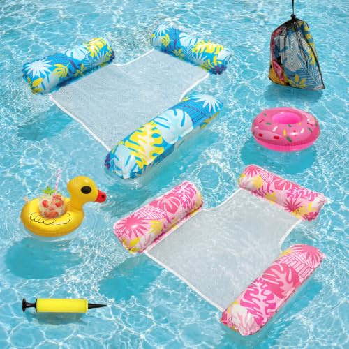 2 Piezas Colchoneta Piscina 4 en 1, Hamaca de Agua Inflable Adultos | Asiento Piscina con 2 Portavasos Inflables,Bolsa Almacenamiento y Inflador, Plegable Flotadores Piscina