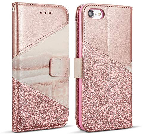 ZCDAYE Wallet Case for iPhone 7 iPhone 8 iPhone SE 2020,Premium Bling Glitter [Magnetic Closure] PU Leather [Ceramic Pattern] Stand Soft TPU with [Card Slots] Flip Cover - Rose Gold