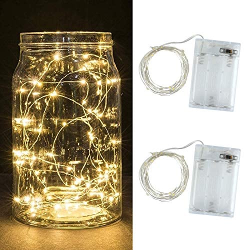 2 Pack Battery Fairy Lights, 5M 50 LEDs Battery Powered Silver Wire String Lights Indoor Outdoor Fairy Lights for Christmas Bedroom Jars Camping Wedding Party Festival Tree Decorations - Warm White