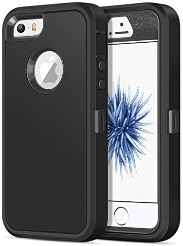 Jelanry Schutzhülle für iPhone 5S/iPhone SE 1. Generation (2016)/iPhone 5, robust, stoßfest, zweilagig, sportlich, Kratzfest, rutschfest, Hybrid-Rückseite, Schwarz