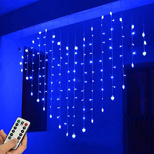 LED Lichtervorhang Herzförmig, DINOWIN 34 Herz 128LED 8 Modi Sterne Lichterketten USB Lichterkettenvorhang für Weihnachten, Innen Außen Garten Party Hochzeit, Partydekoration (Blau)