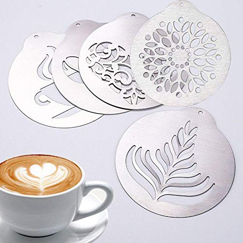 YOUNICER 5 Stück Edelstahl Kaffee Schablonen Barista Cappuccino Kunst Vorlagen Kaffee Girlande Form Kuchen Dekorationswerkzeug