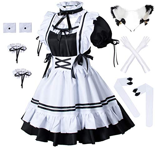 Anime French Maid Schürze, Lolita, Faschingskostüm, Cosplay Kostüm, pelzige Katze, Ohren, Handschuhe, Socken-Set, schwarz-weiß, Small