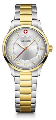 WENGER Damen Armbanduhr City Classic Ø 34 mm, Swiss Made, Analog Quarz, Wasserdicht bis 50 m, Edelstahl-Armband, Silber/Gold, 01.1421.125