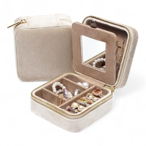 BLUTETE Reise-Schmuckschatulle, Samt, Reiseetui mit Spiegel, Ringe, Ohrringe, Halsketten, Aufbewahrungsbox (Champagner)