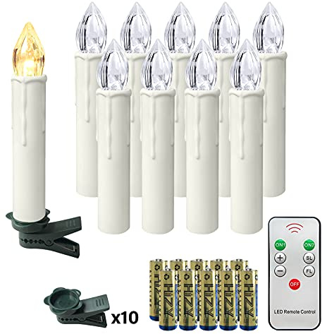 NAIZY LED Kerzen mit Fernbedienung 10 stück Warmweiß Weihnachtskerzen Flackernde Flamme Kabellose mit Batterie und Clip IP44 für Outdoor Weihnachtsdekoration, Party und Hochzeit
