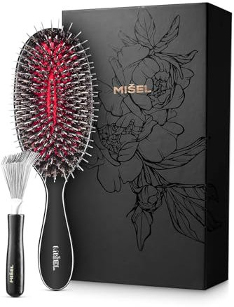 MISEL Wildschweinborsten Haarbürste und Bürstenreiniger-Set für Frauen und Männer | Entwirrt dünnes oder dickes Naturhaar und Haarverlängerungen | Reduziert Haarbruch | Mittel
